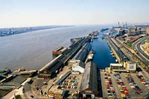 Liverpool's North docks, photographed from the roof of the Liver Building, showing Princes dock Waterloo Dock and Riverside Railway Station